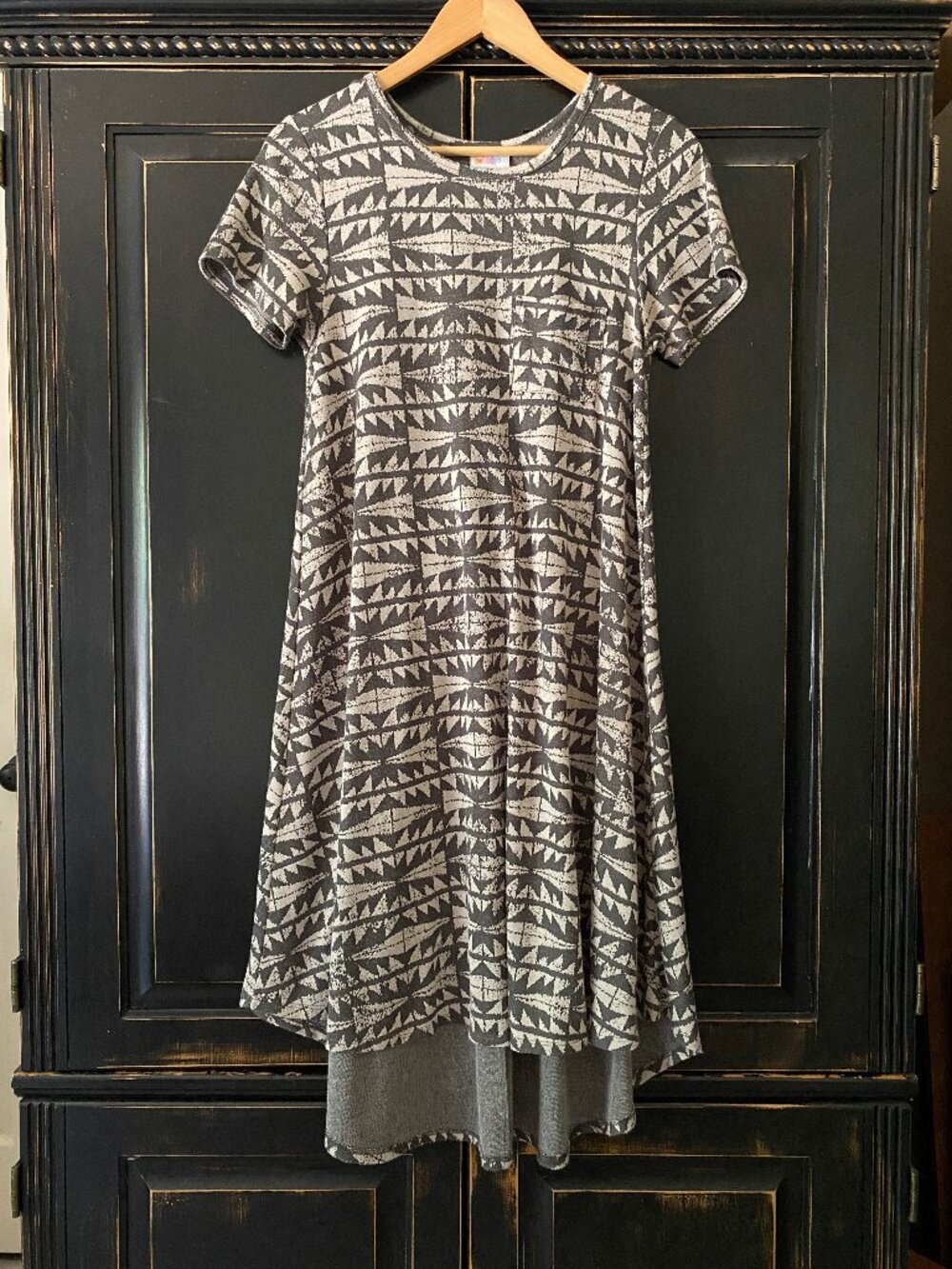 LuLaRoe - Carly Dress - Size XS - Black Beige Geometric Aztec Hi Low Swing Dress
